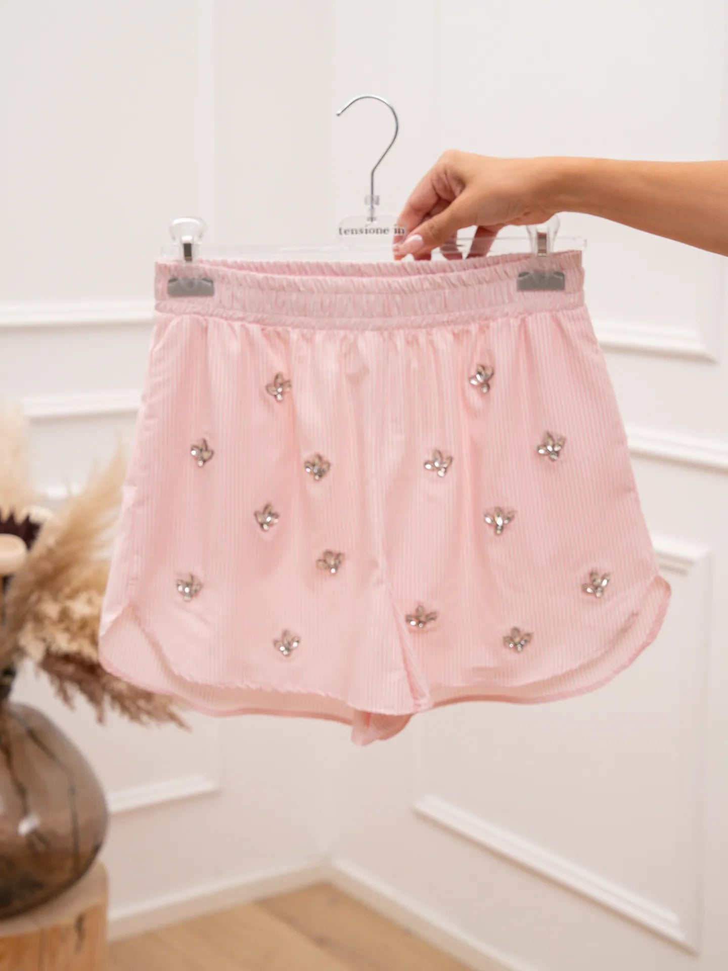 Shorts Shine rigati rosa con cabochon - Tensione In