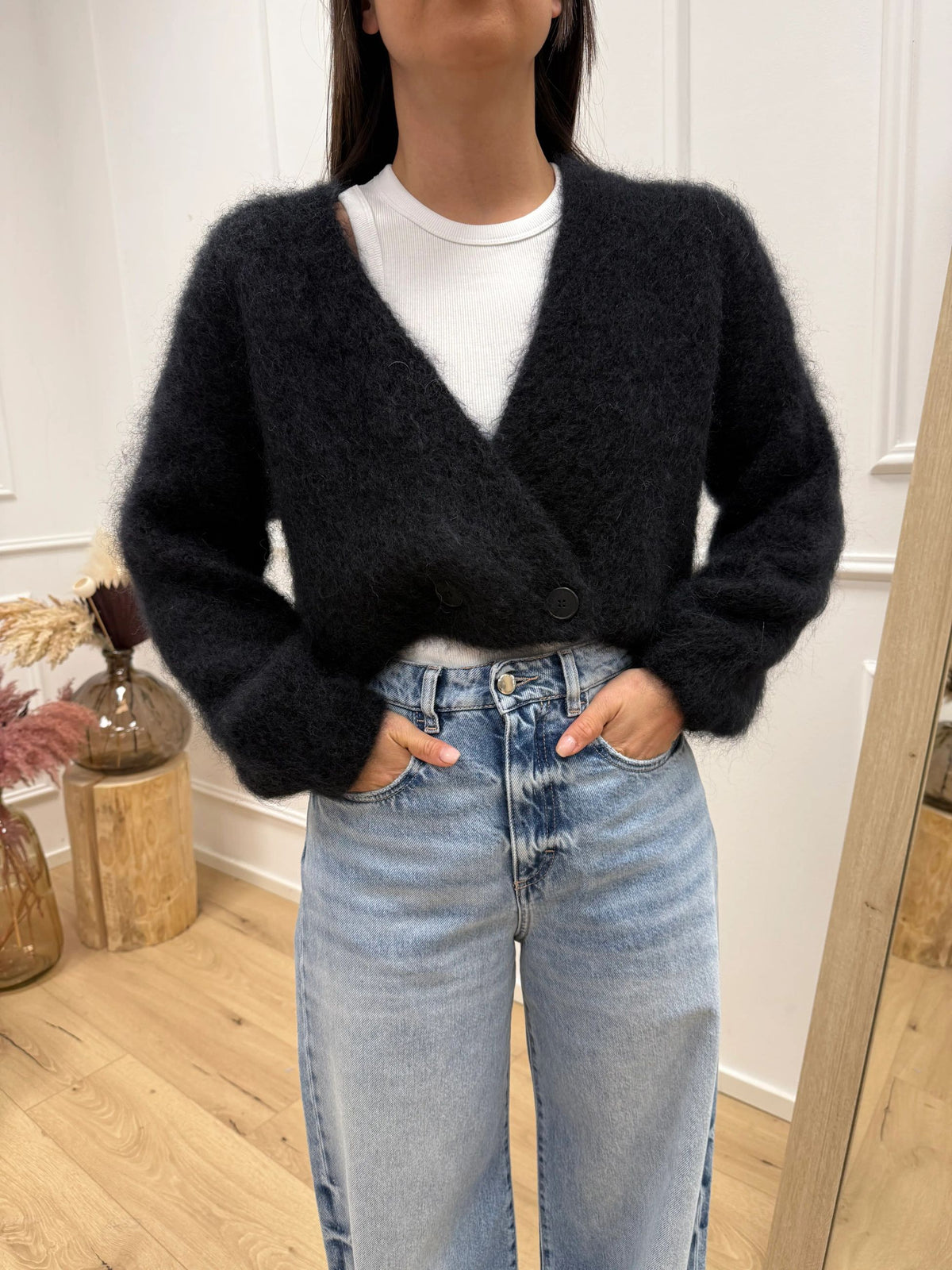 Cardigan kid mohair nero con bottone laterale - Dixie