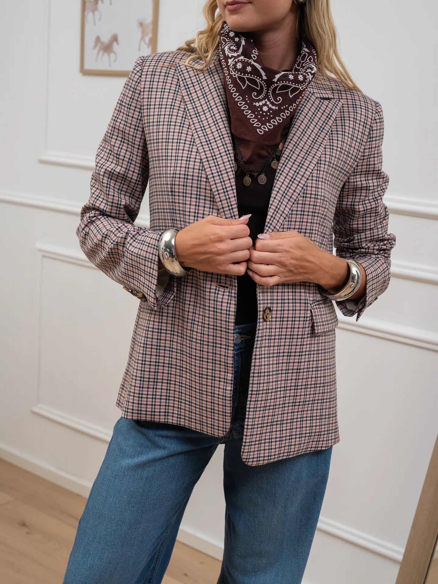 Giacca slim check rosa con bandana - HaveOne