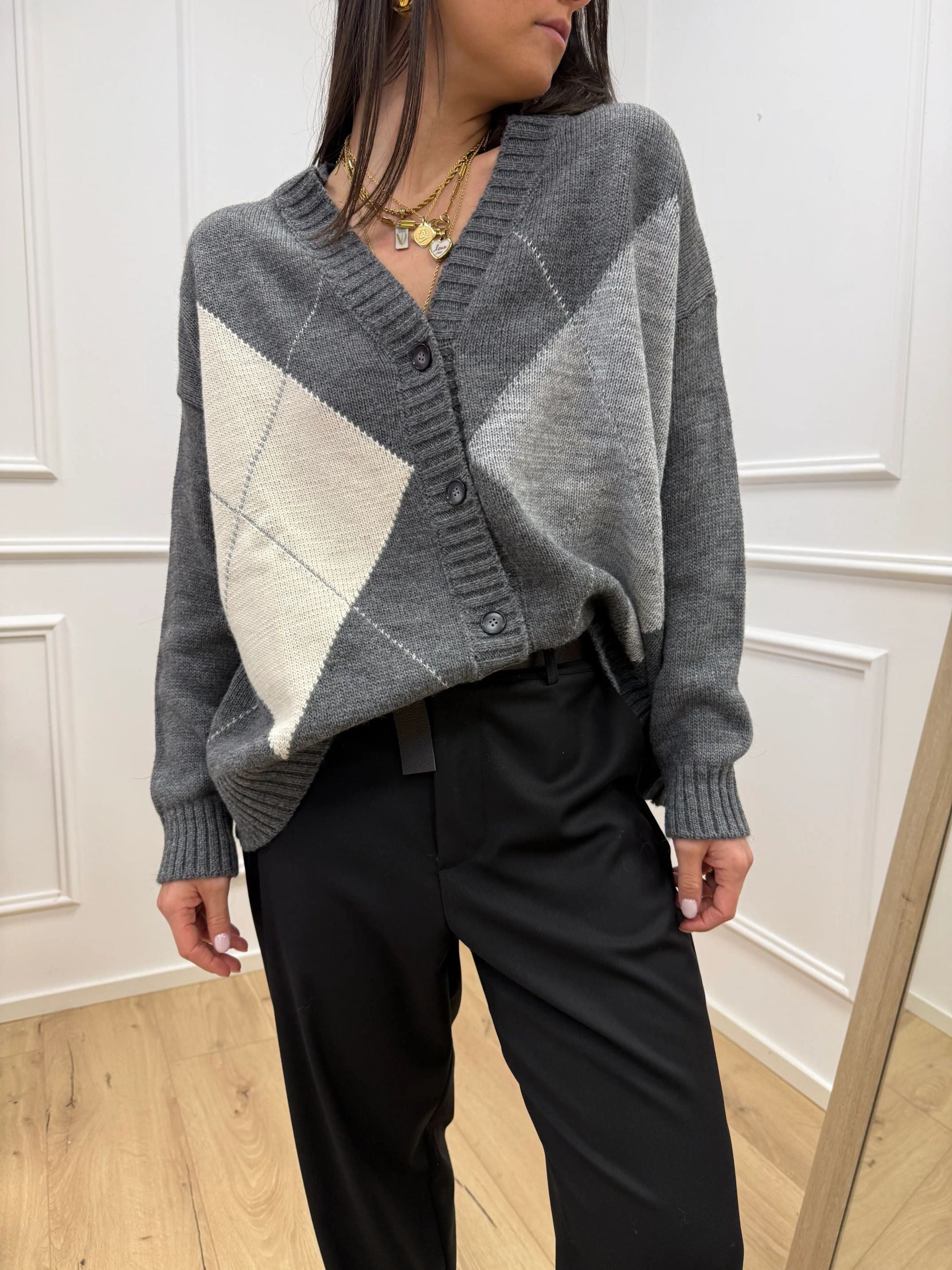 Cardigan maxi losanghe grigio, panna e perla - HaveOne