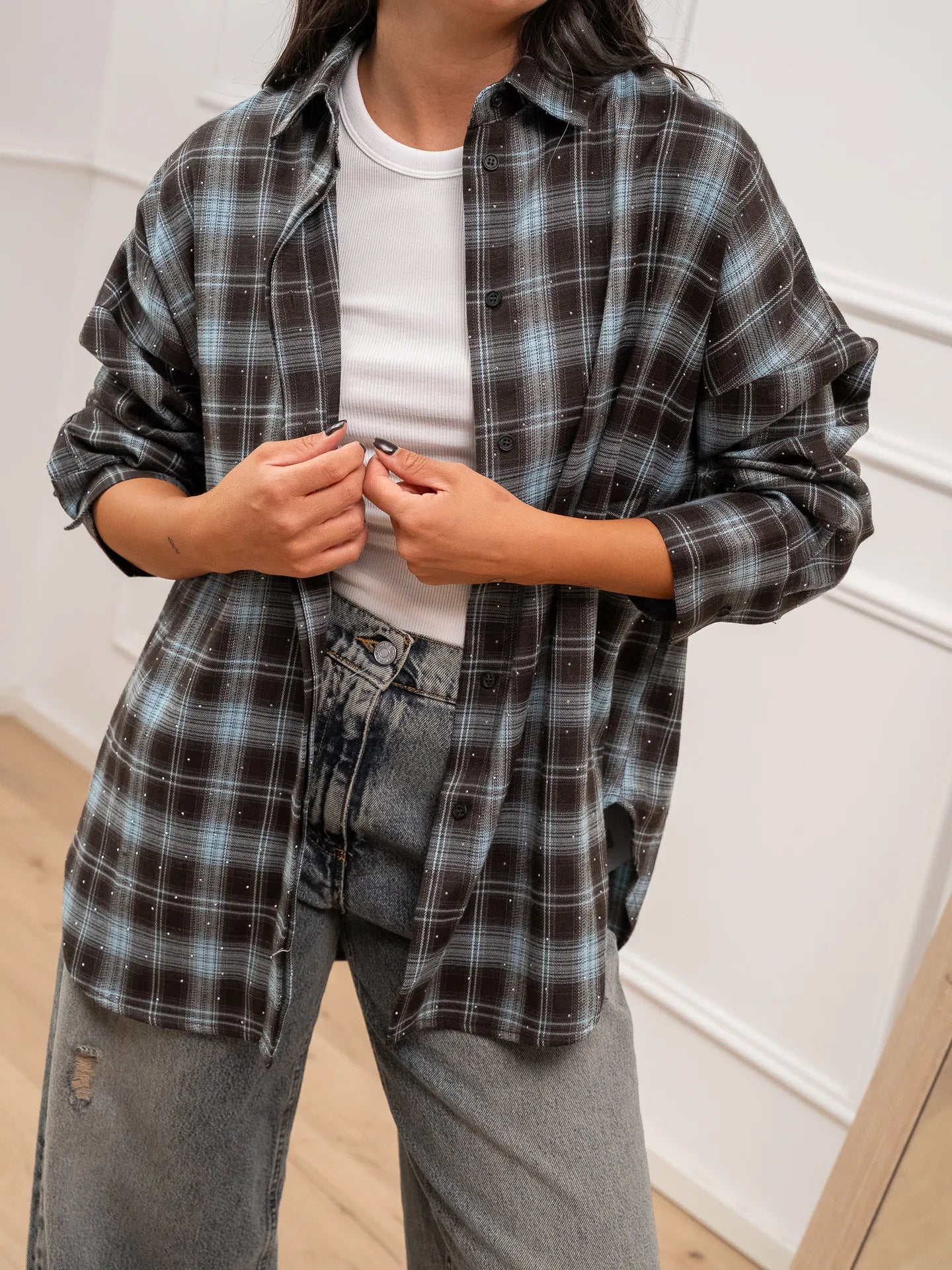 Camicia Viky celeste check con strass - Crispy