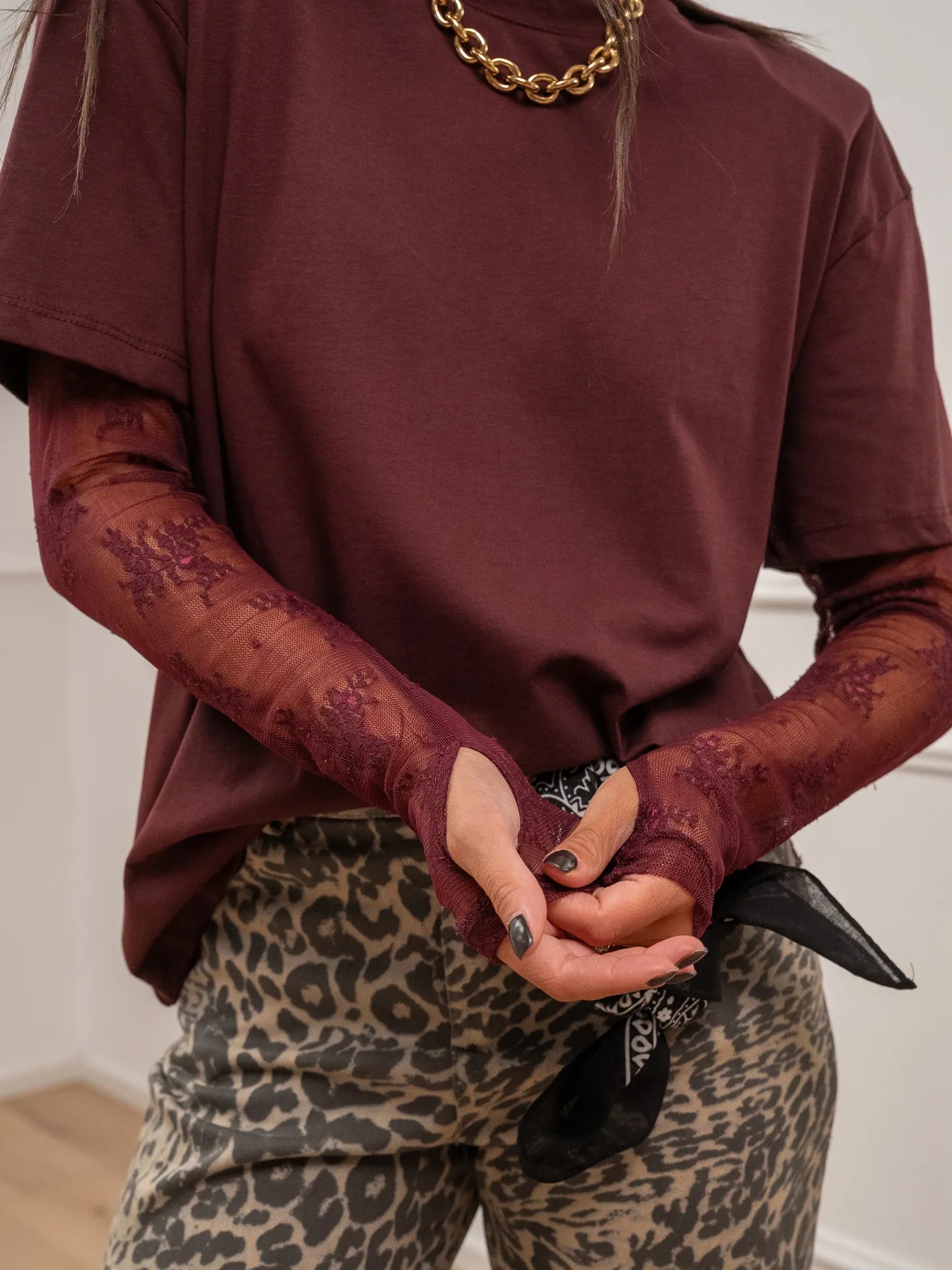 T shirt bordeaux con manica in pizzo - Dixie