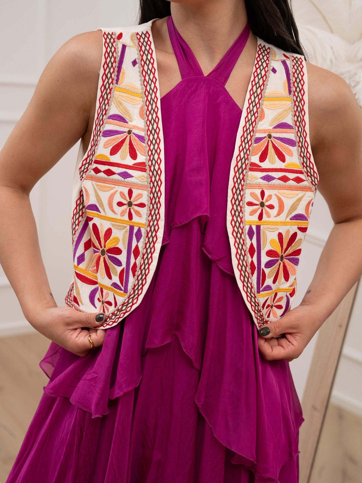 Gilet ècru ricami arancio - HaveOne