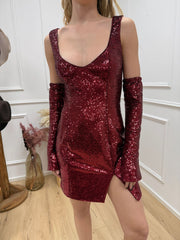 Vestito mini Shiny bordeaux con manicotti - Silence Limited