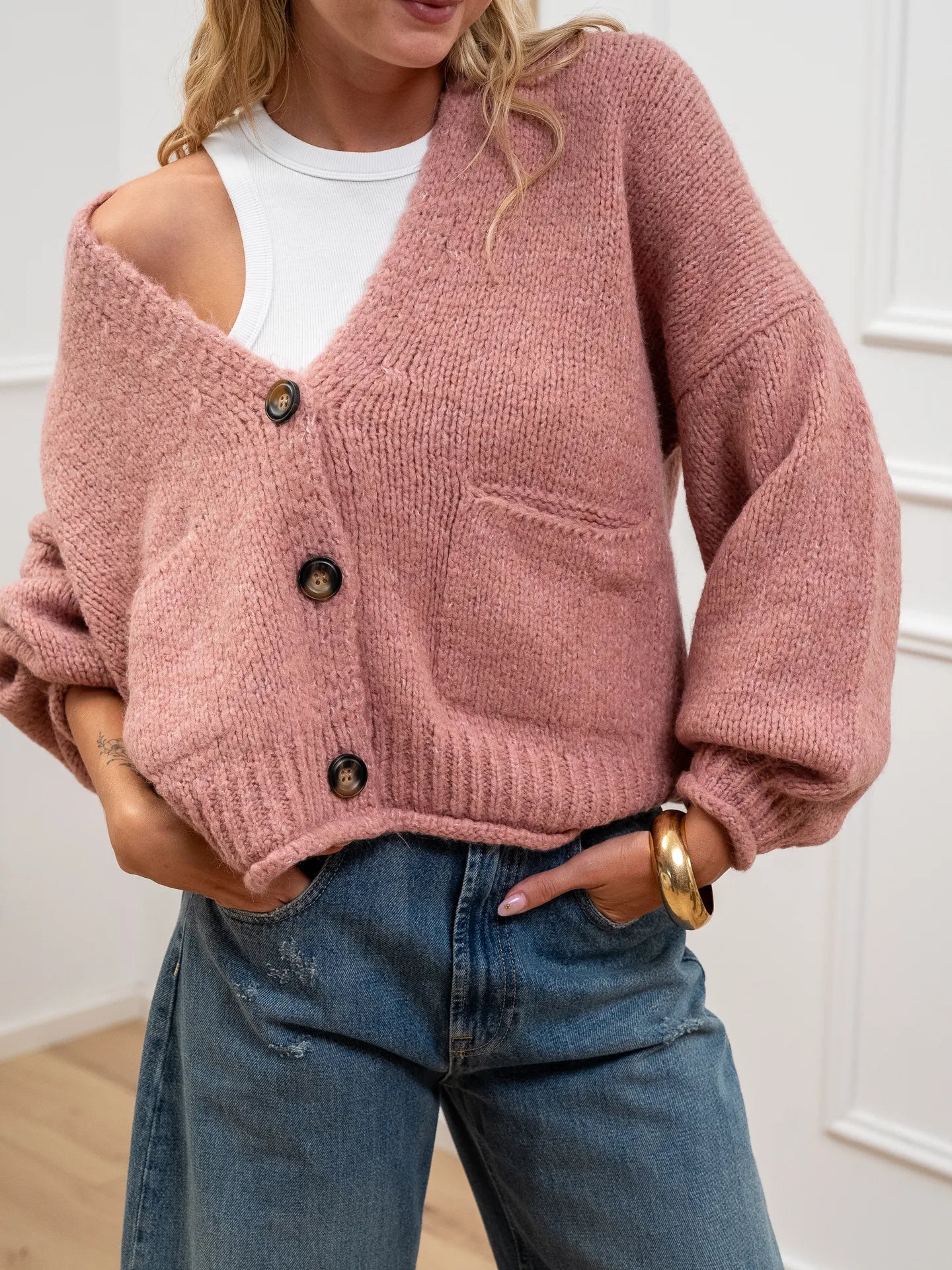 Cardigan rosa a tre bottoni con taschine - HaveOne