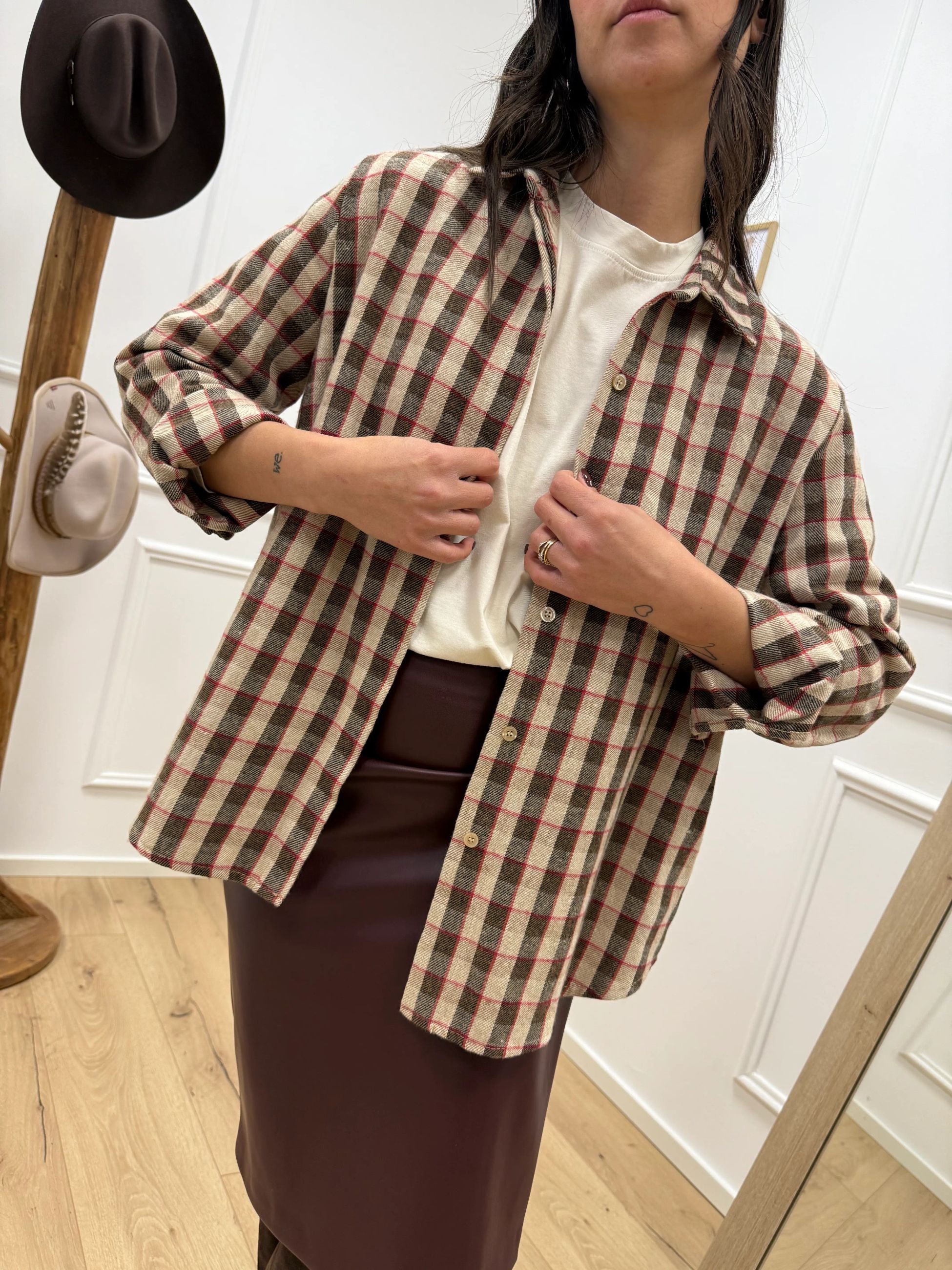 Camicia check camel, beige, rosso in flanella - HaveOne