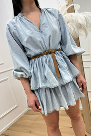 Vestito in chambray con balze e cinta - Tensione In