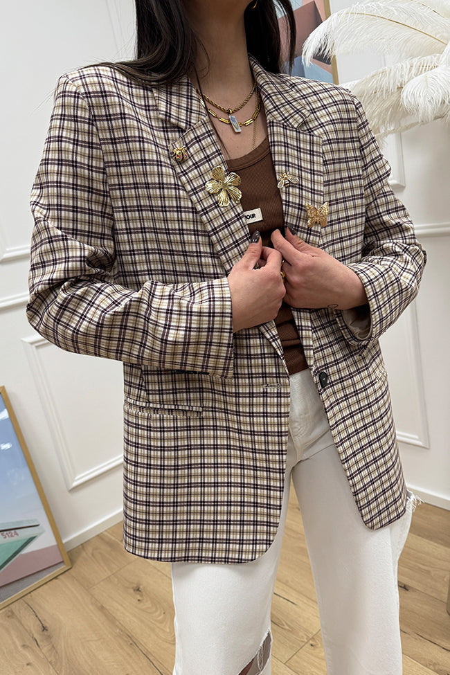 Giacca check sabbia e prugna con spille - Vicolo