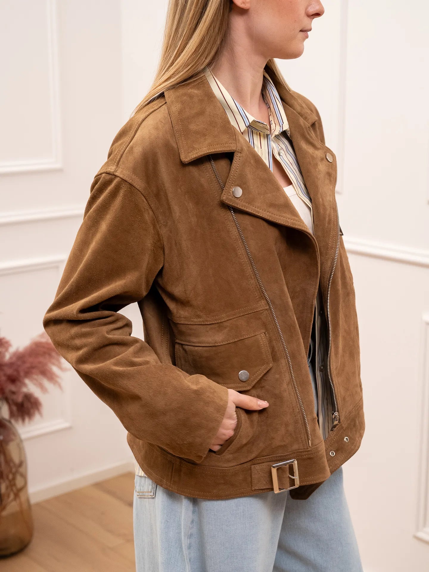 Chiodo in vera pelle camel con zip - Tensione In