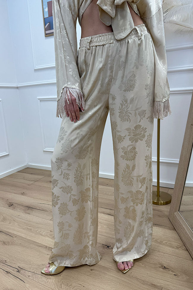 Pantaloni beige fiori spalmati con elastico in vita - HaveOne