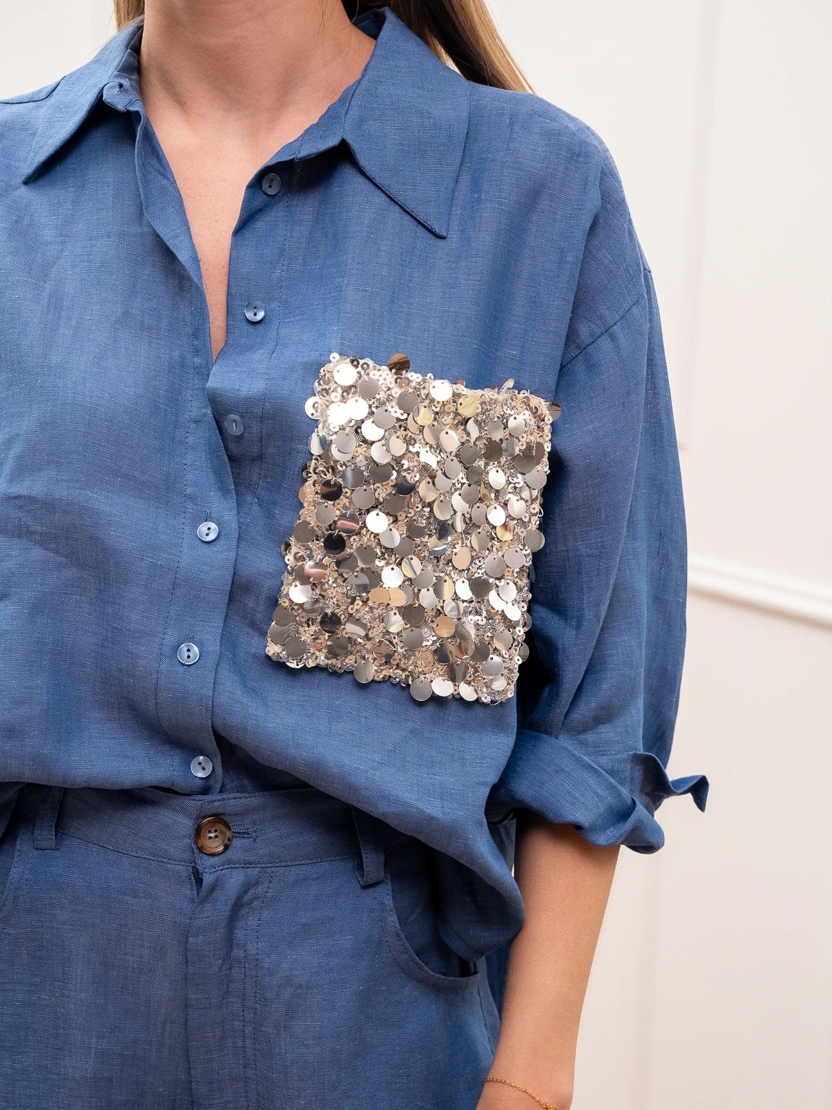 Camicia Dreamer indaco in lino tasca paillettes - Tensione In