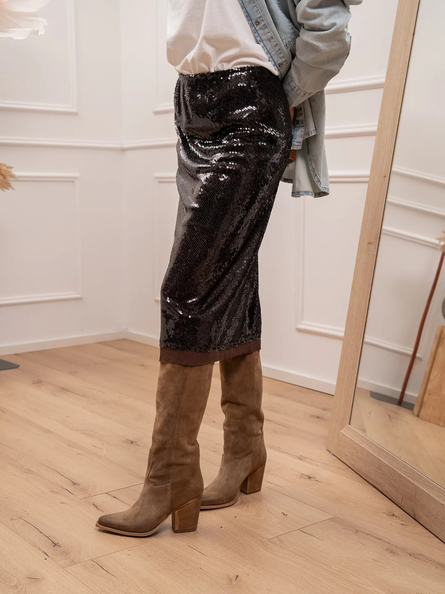 Gonna in paillettes moro con profili in crepe - HaveOne