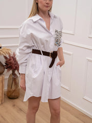 Vestito chemisier bianco con tasca paillettes - Tensione In