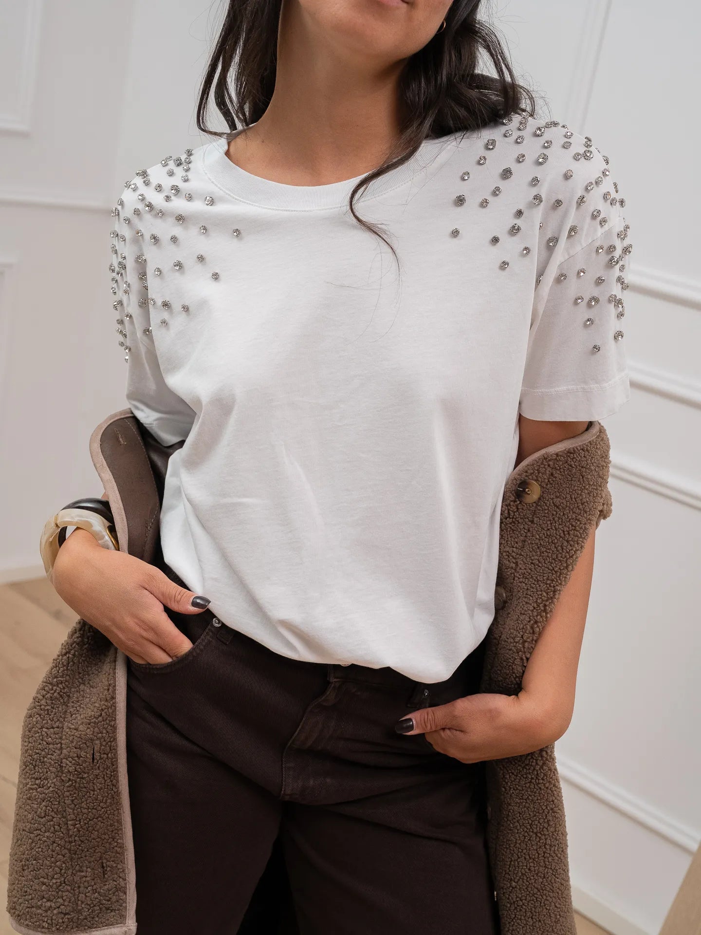 T shirt bianca spalline strass - Vicolo