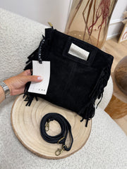 Borsa scamosciata nera con frange - HaveOne