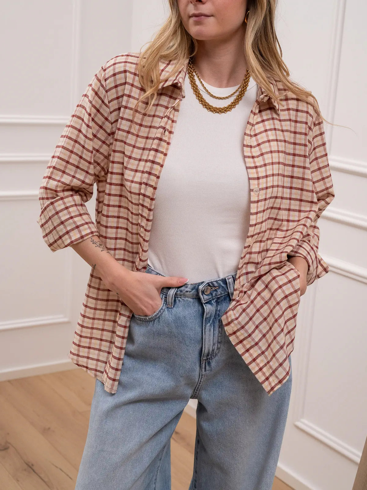 Camicia quadro bordeaux e giallo in cotone - HaveOne