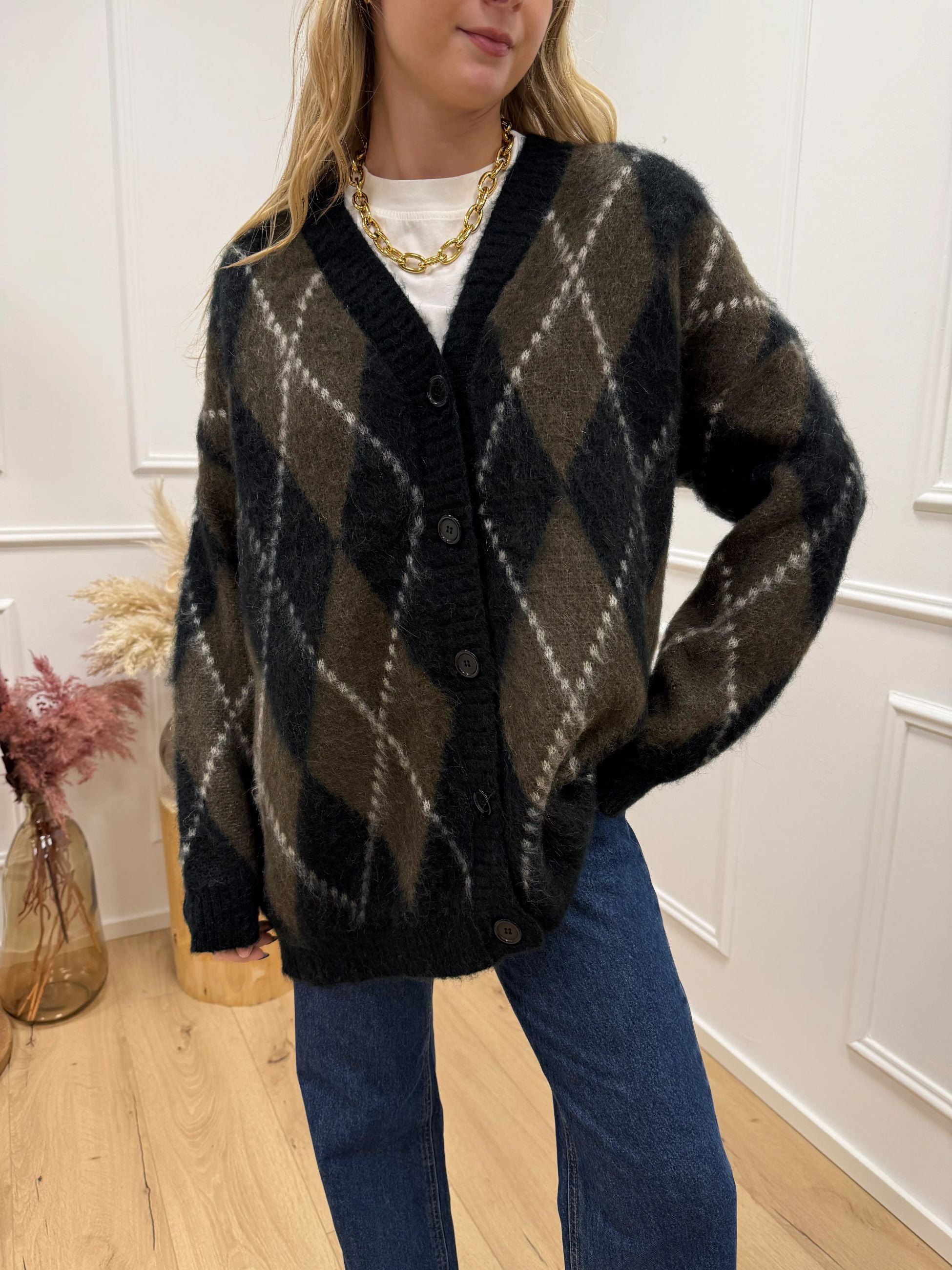 Cardigan over rombi nero, moro e panna - Kontatto