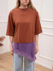 T shirt tabacco con inserto in pizzo viola - Tensione In