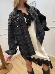 Giacca camicia in denim nero con strass e rotture - Crispy