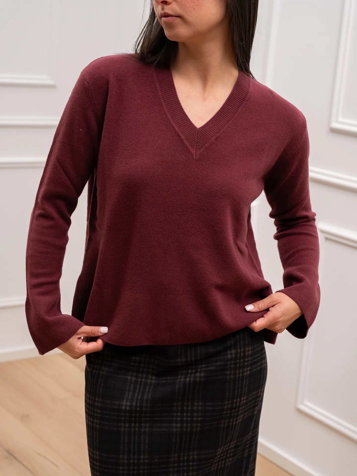 Maglia scollo a v bordeaux 100% lana - HaveOne