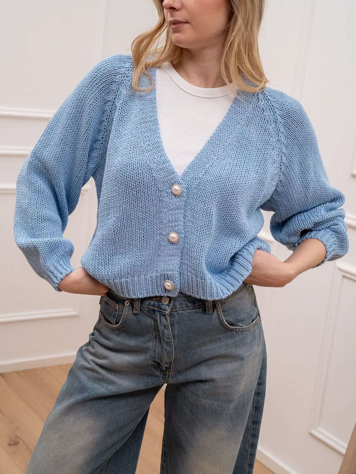 Cardigan cielo bottoni gioiello con perla - HaveOne