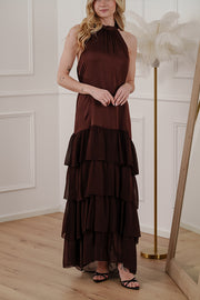 Vestito scollo halter lungo a balze cioccolato - HaveOne