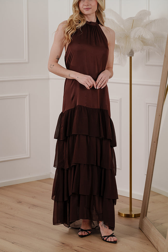 Vestito scollo halter lungo a balze cioccolato - HaveOne