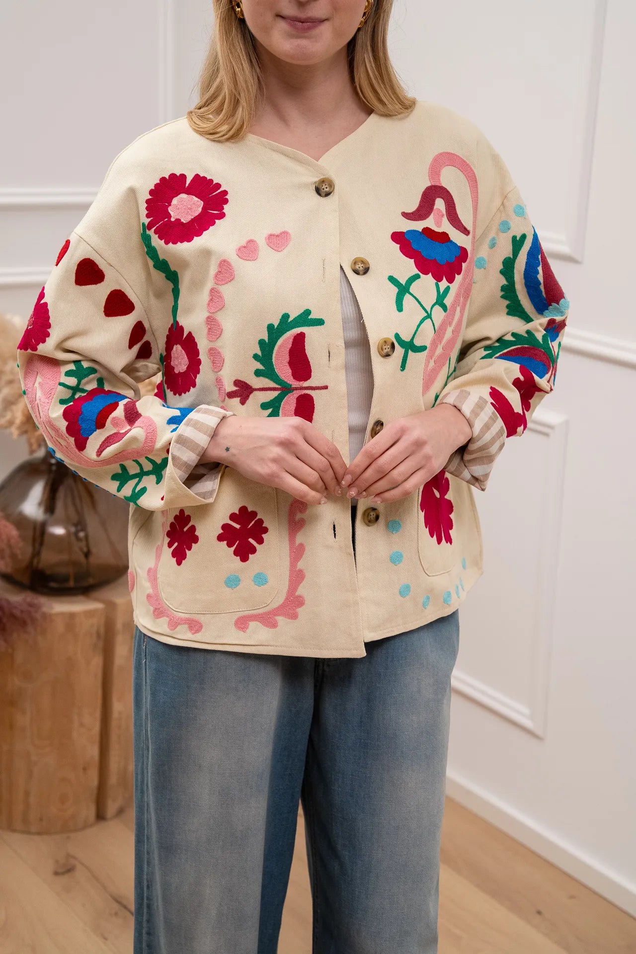 Giacca burro in cotone con ricami multicolor - Crispy