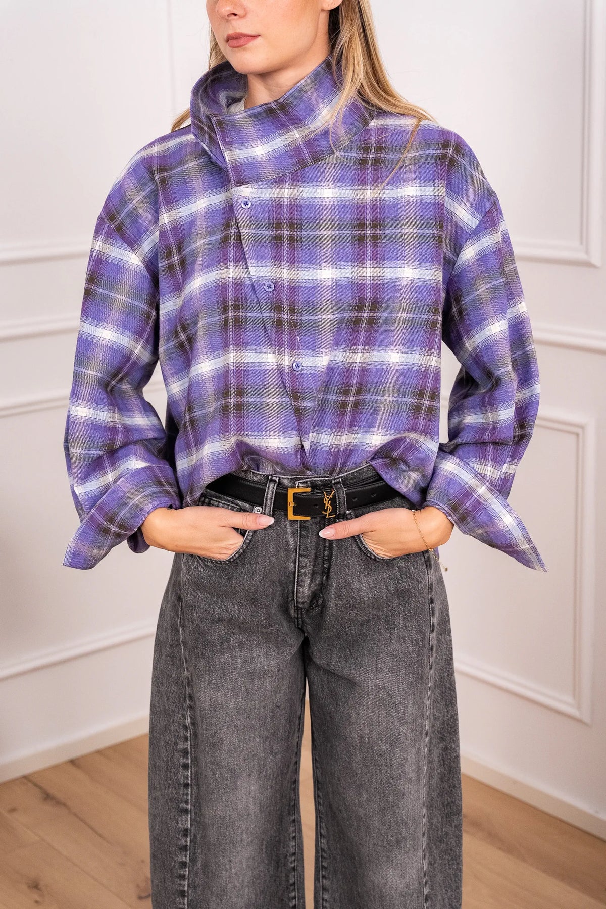 Camicia Amiata check blu con abbottonatura asimmetrica - HaveOne