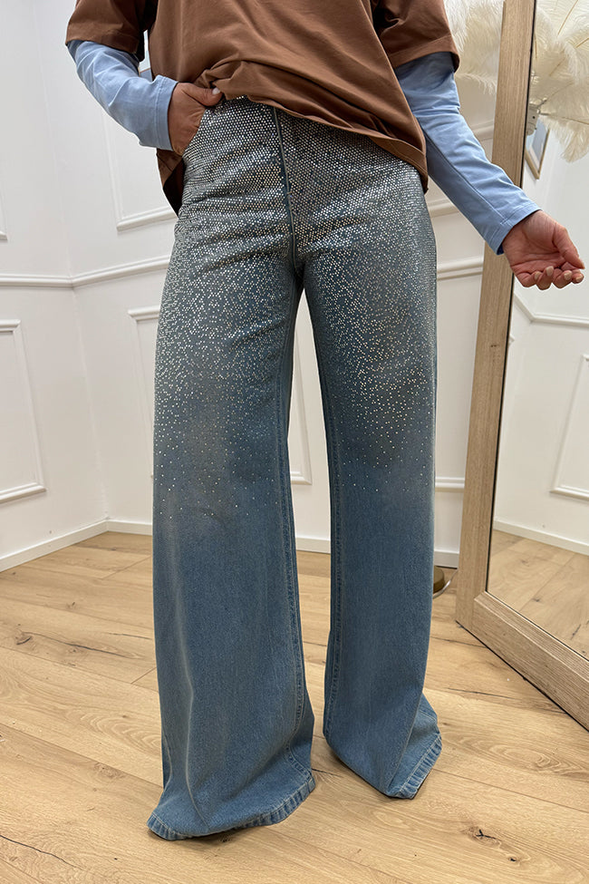 Jeans palazzo denim medio cascata strass - HaveOne