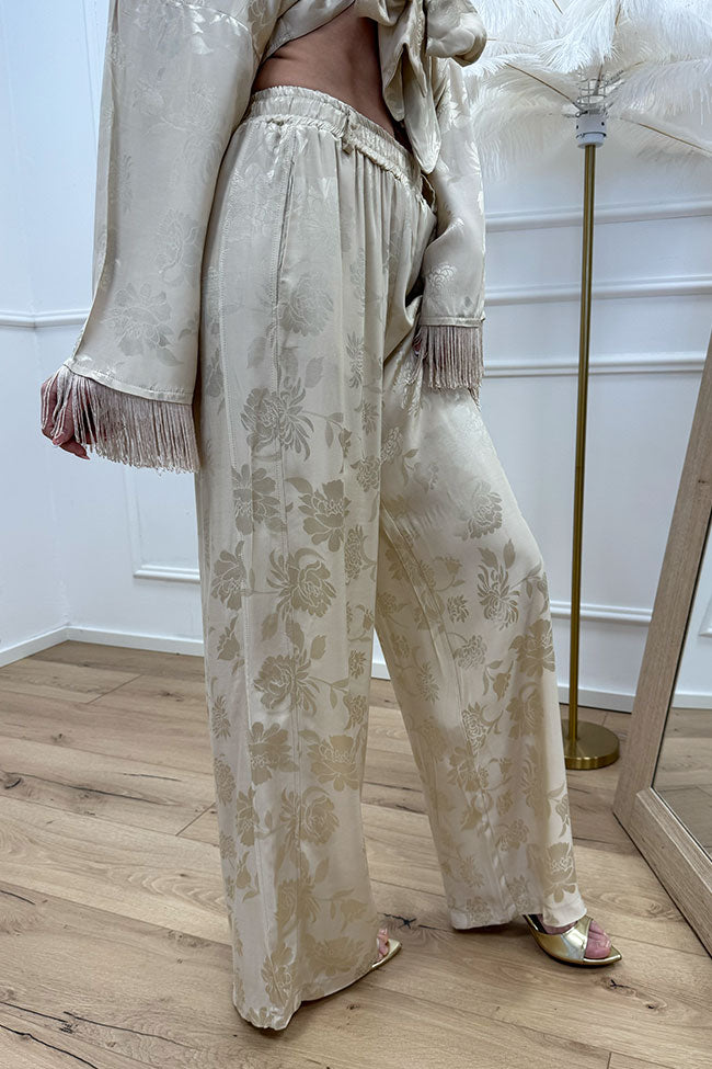 Pantaloni beige fiori spalmati con elastico in vita - HaveOne