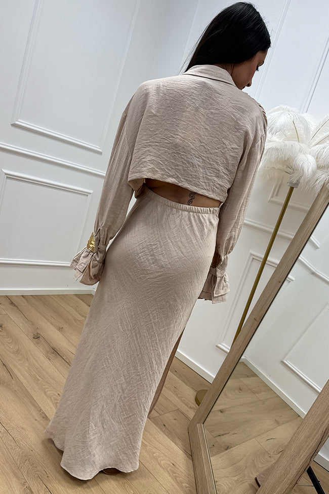 Vestito sabbia misto lino stropicciato con bracciali - HaveOne