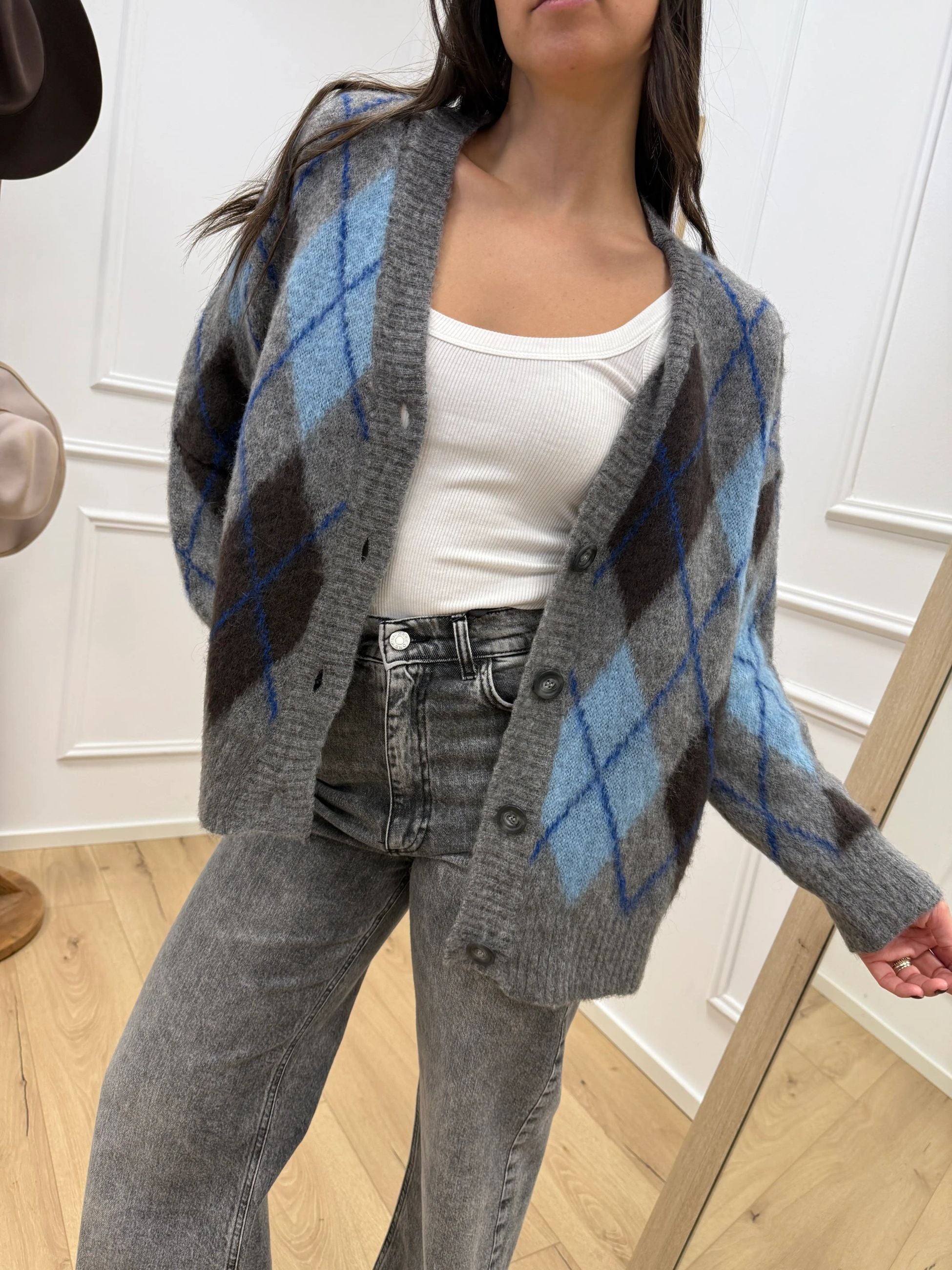 Cardigan mohair rombi grigio, moka, azzurro - Tensione In