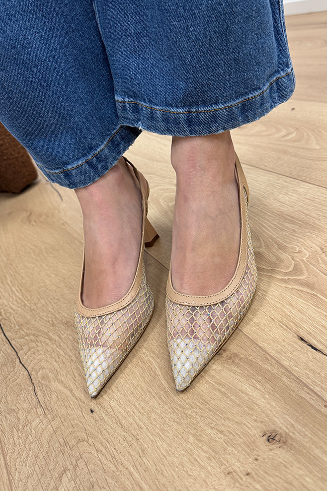 Décolleté slingback nude a rete con strass - Ovyè