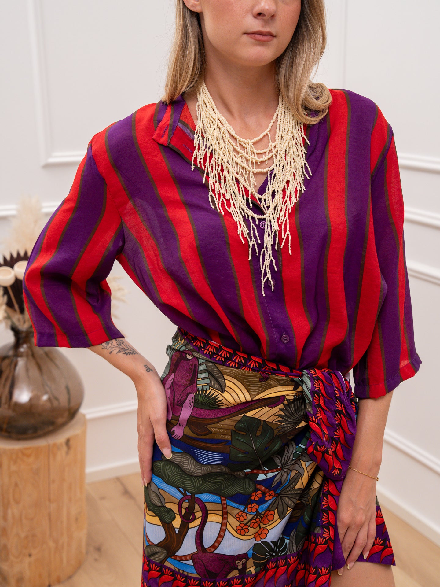 Camicia rigata Purple Jungle viola, rosso e moka - Dixie
