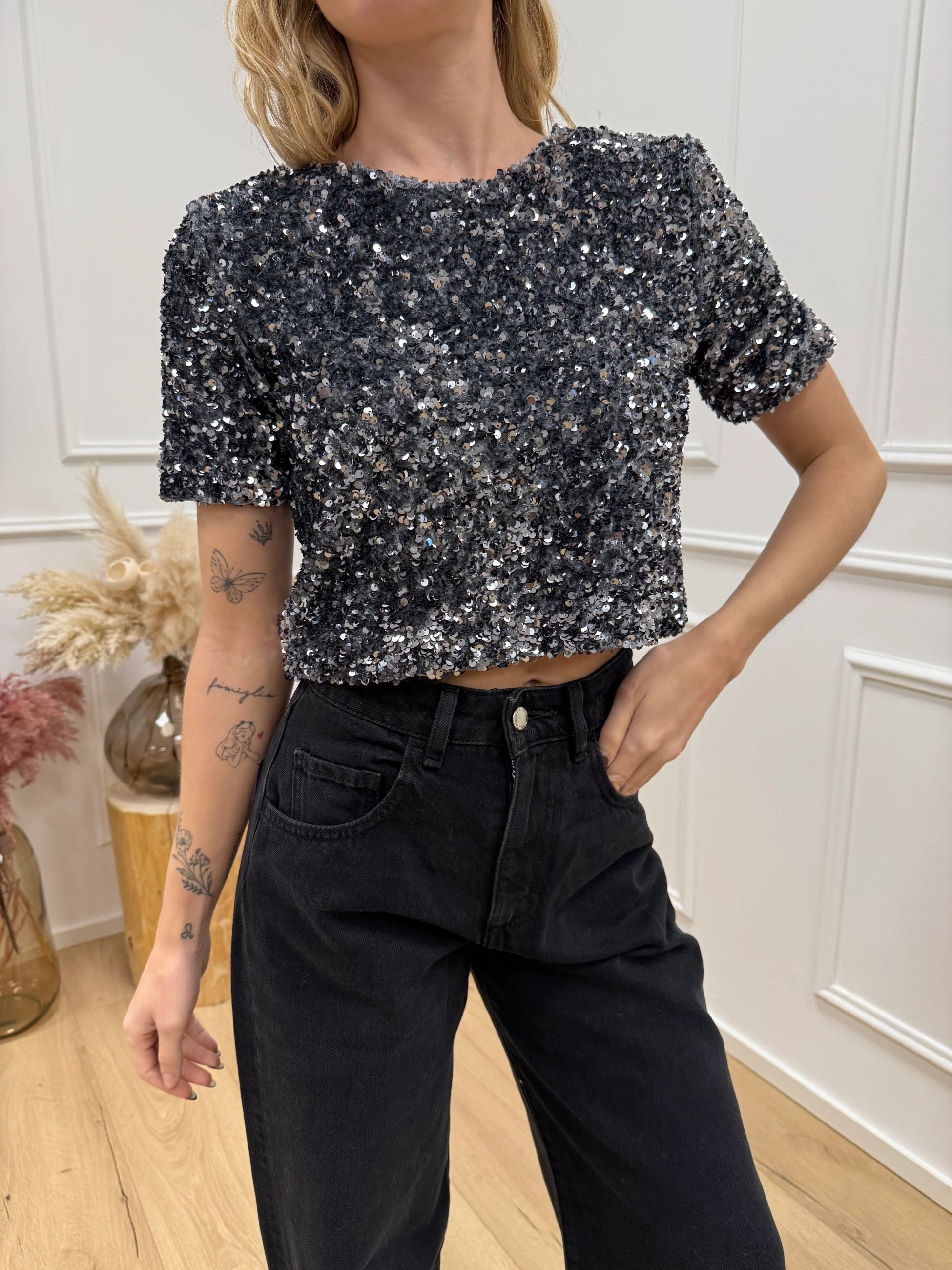Top crop in ciniglia e paillettes argento - Vicolo