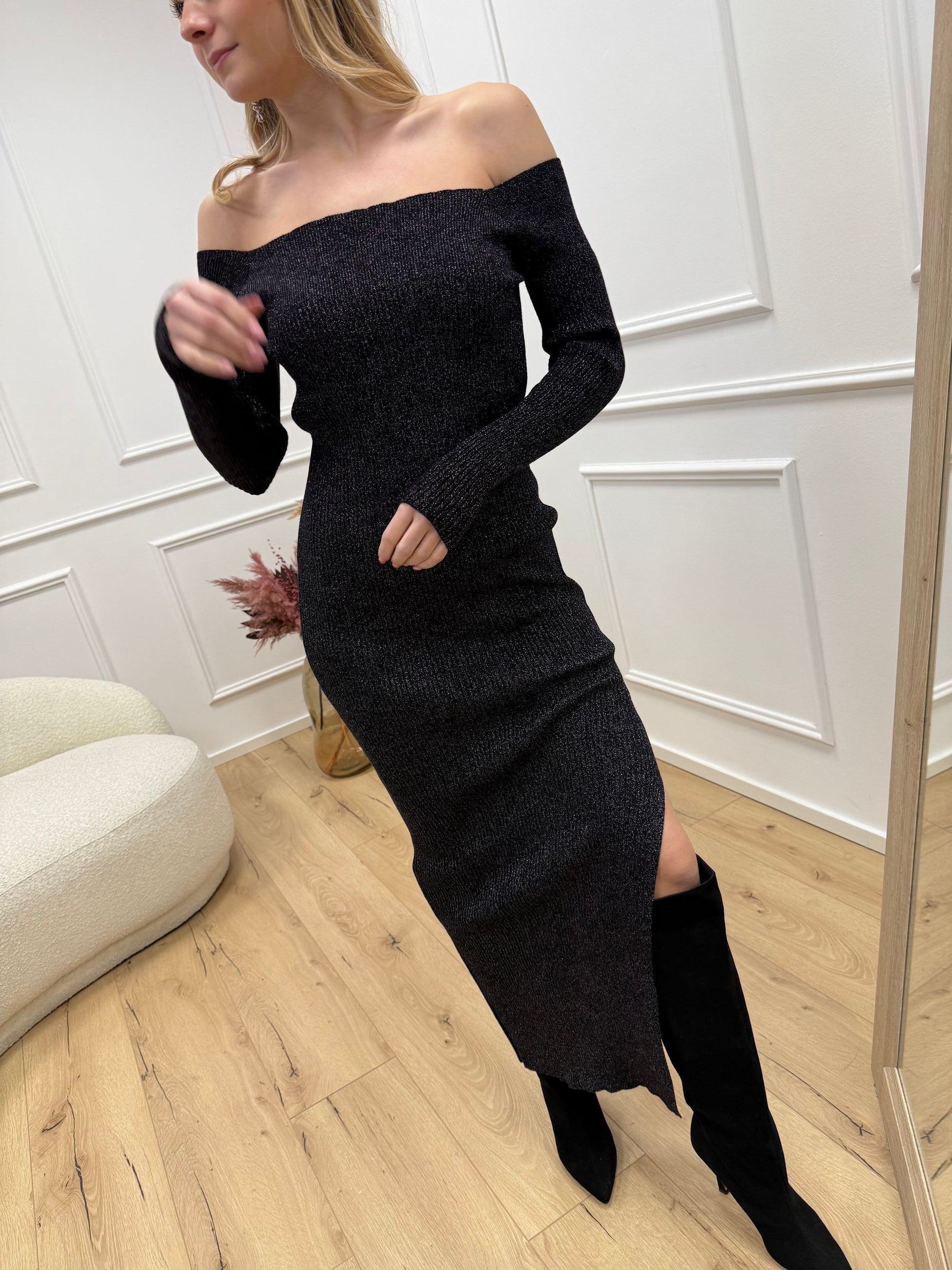Vestito in maglia lurex nero, argento scollo bardot - HaveOne
