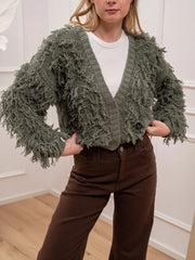 Cardigan frangette kaki con bottoni - HaveOne