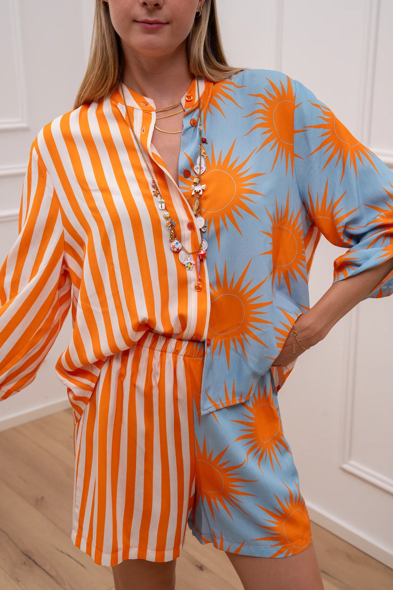 Camicia Patchwork Sun celeste, arancio in lyocell - HaveOne