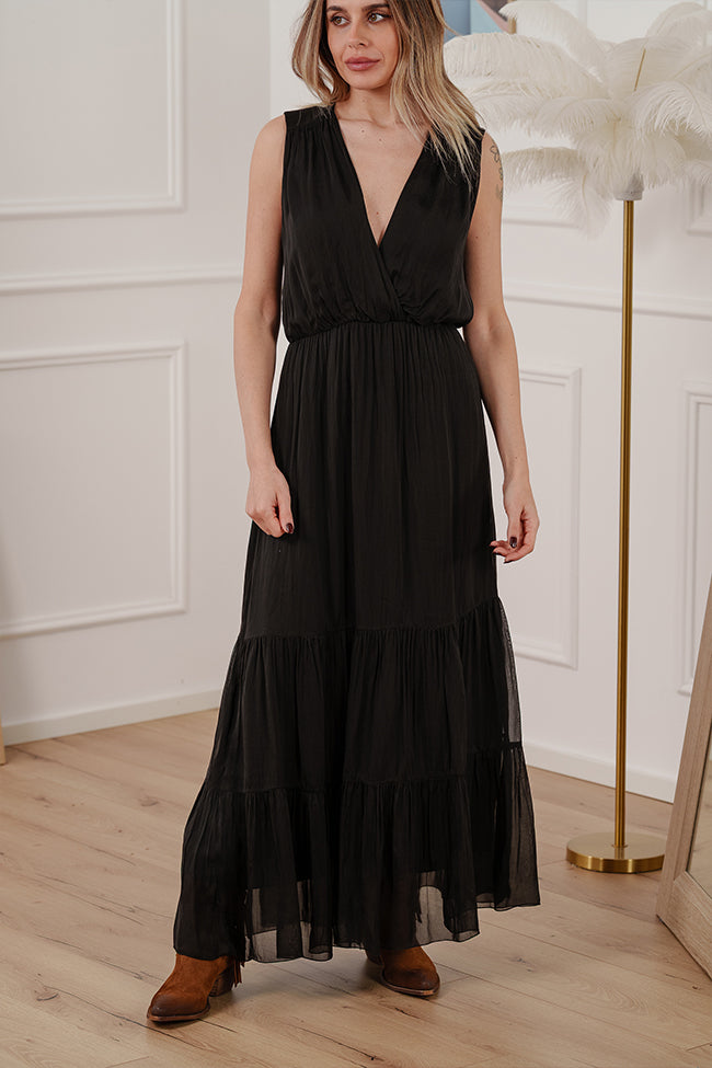 Vestito nero scollo a v incrociato misto seta - HaveOne