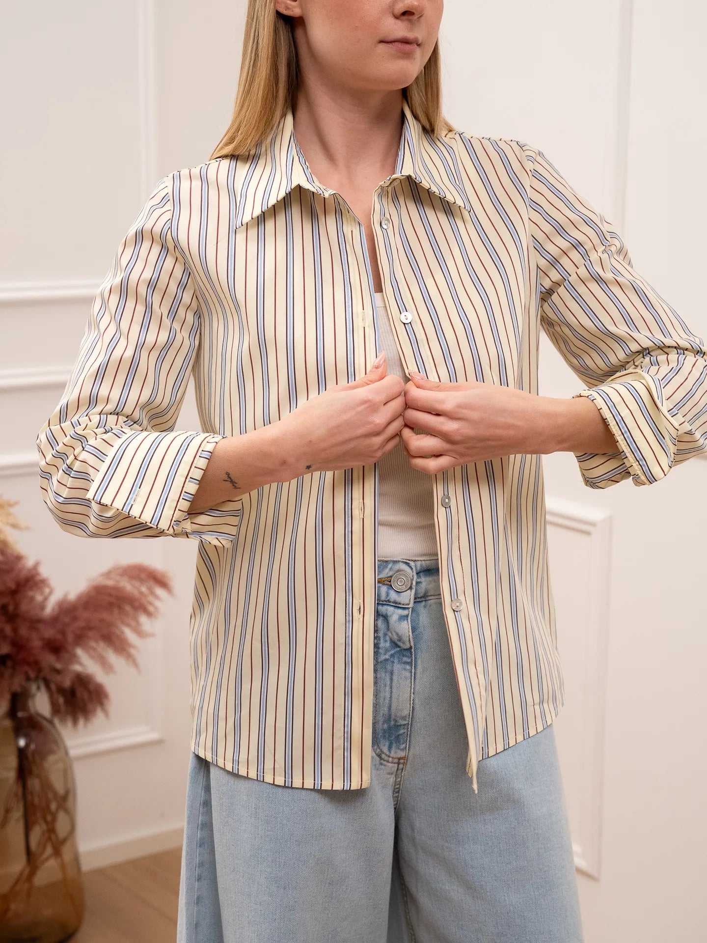 Camicia giallina rigata celeste e tabacco - Tensione In