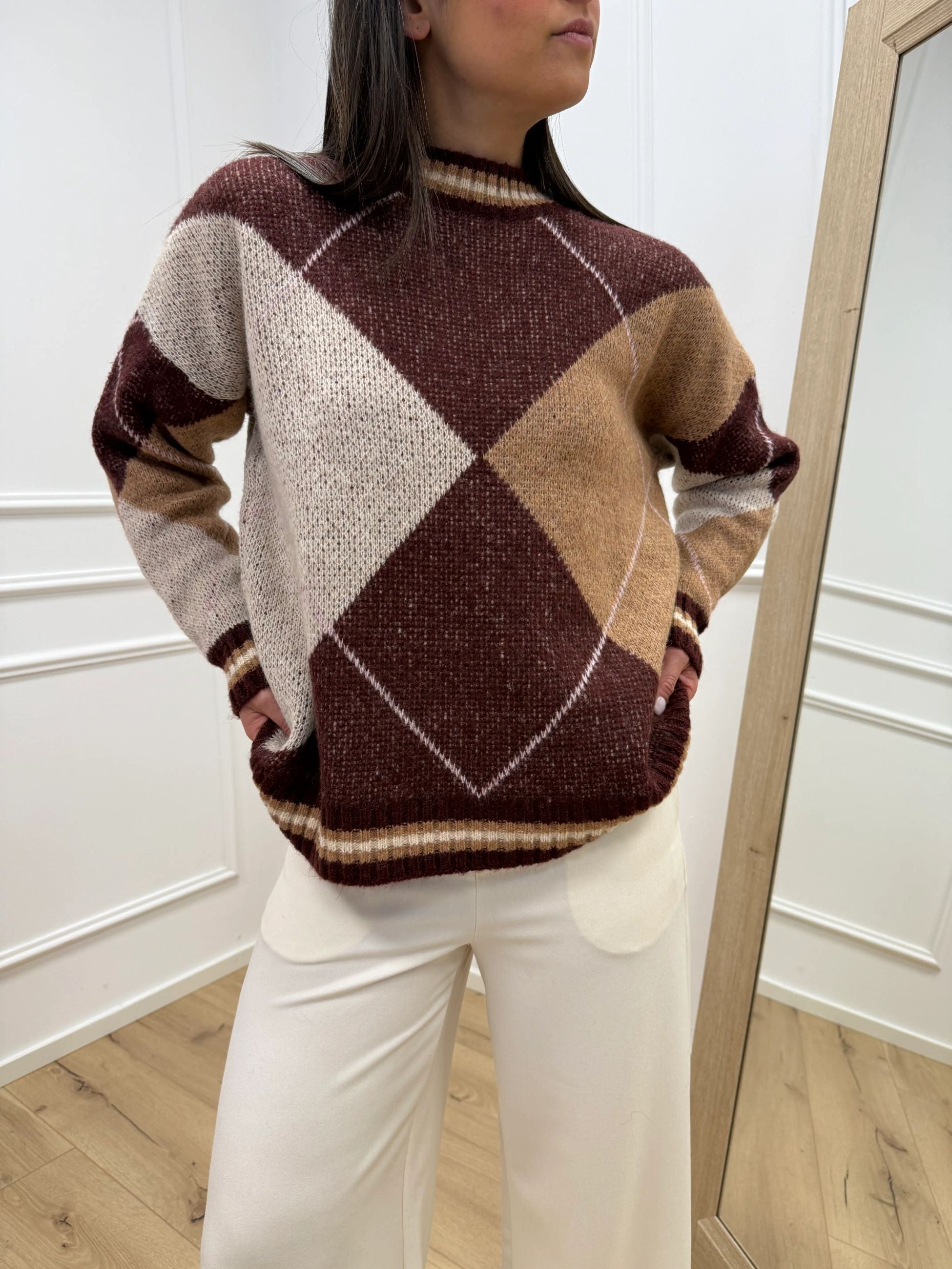 Maglia rombi bordeaux, budino, camel, rosa - HaveOne