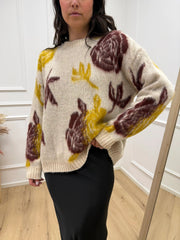 Maglia jacquard fiori beige, vino e senape - HaveOne