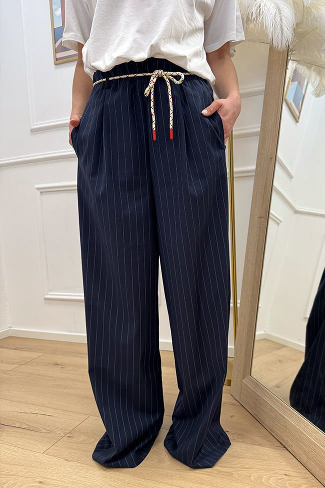 Pantaloni blu gessati con cordino - Vicolo