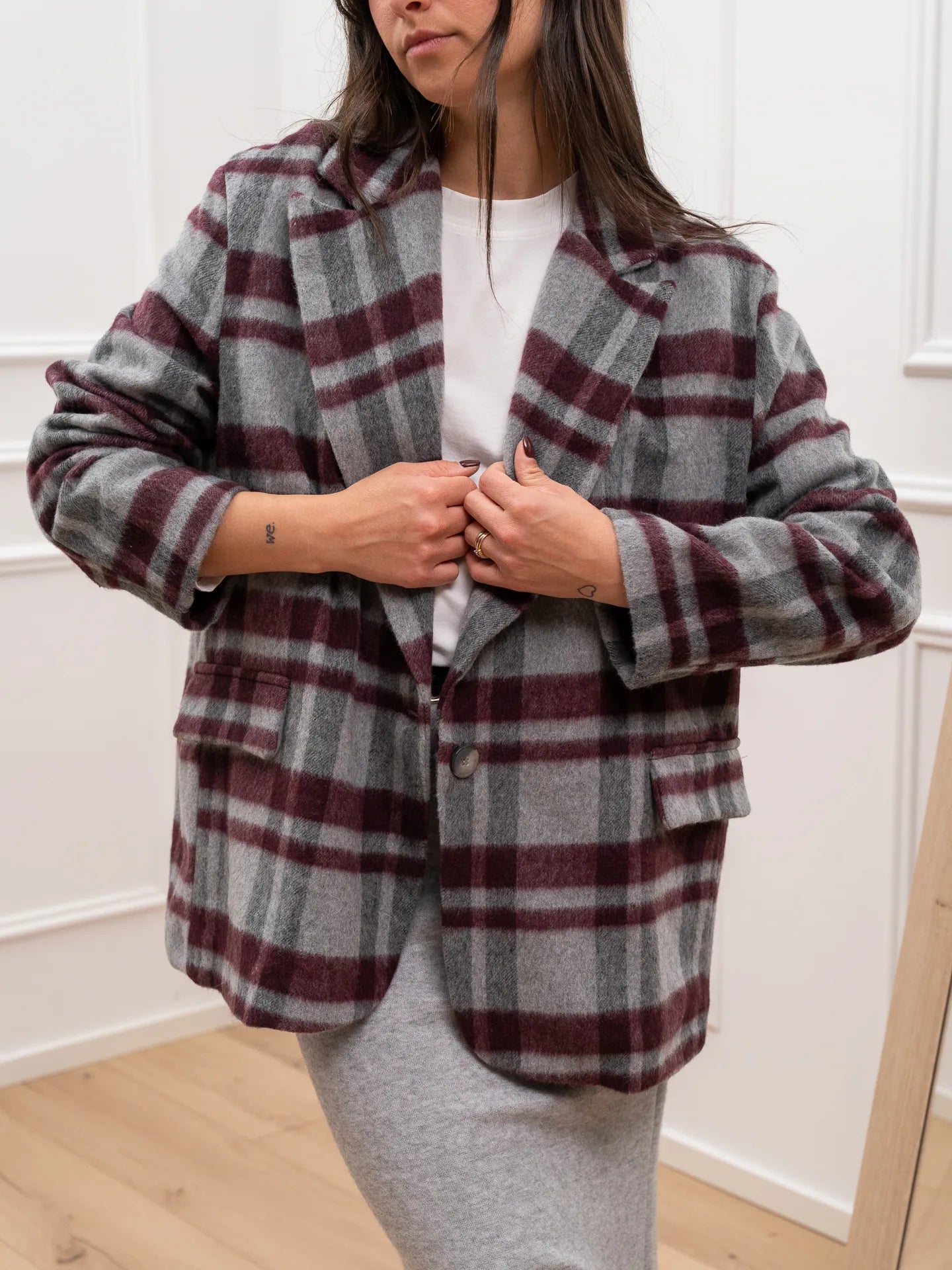 Giacca check grigio e vino in panno di lana - HaveOne