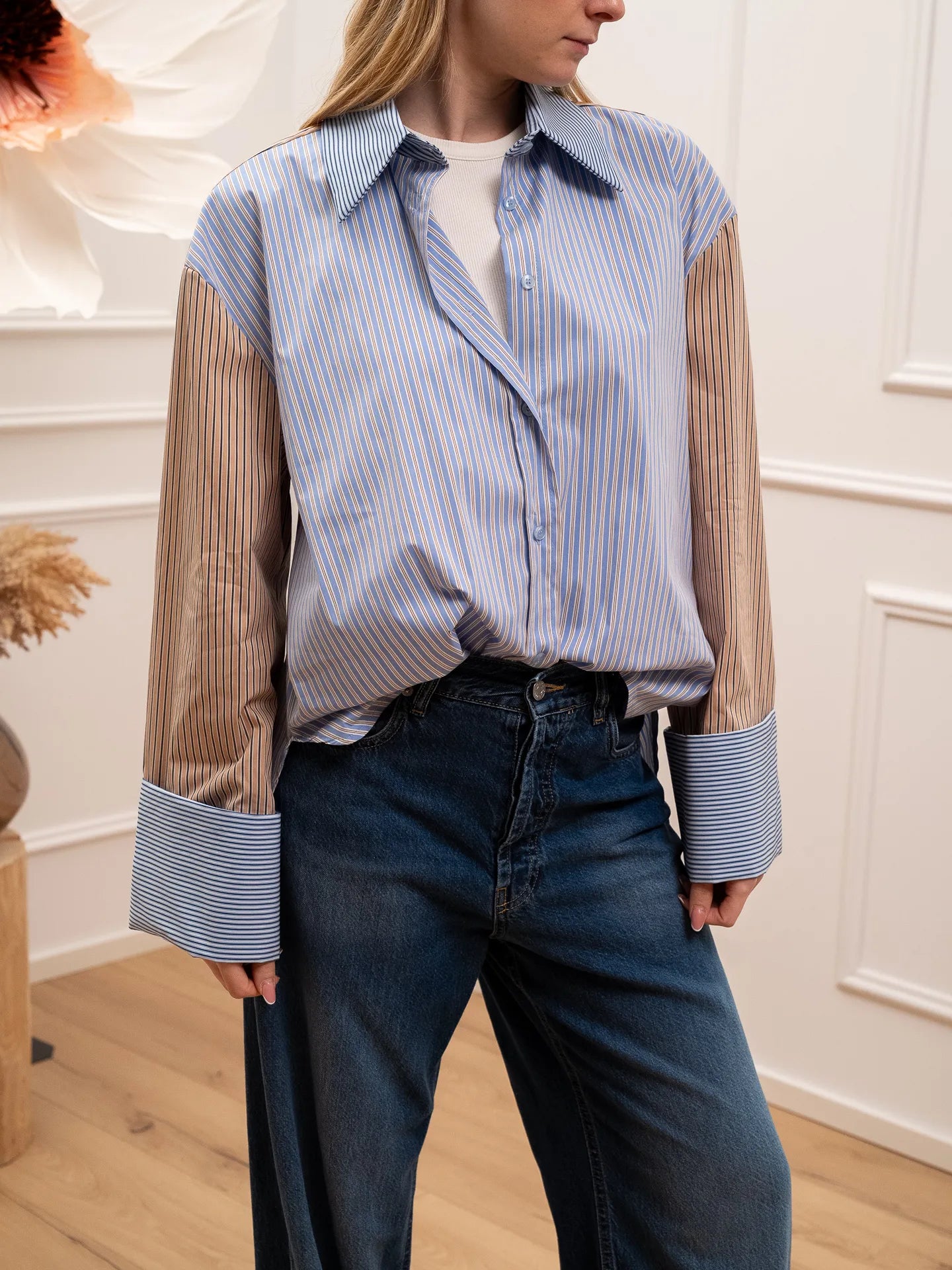 Camicia over multifantasia rigata celeste e camel - HaveOne