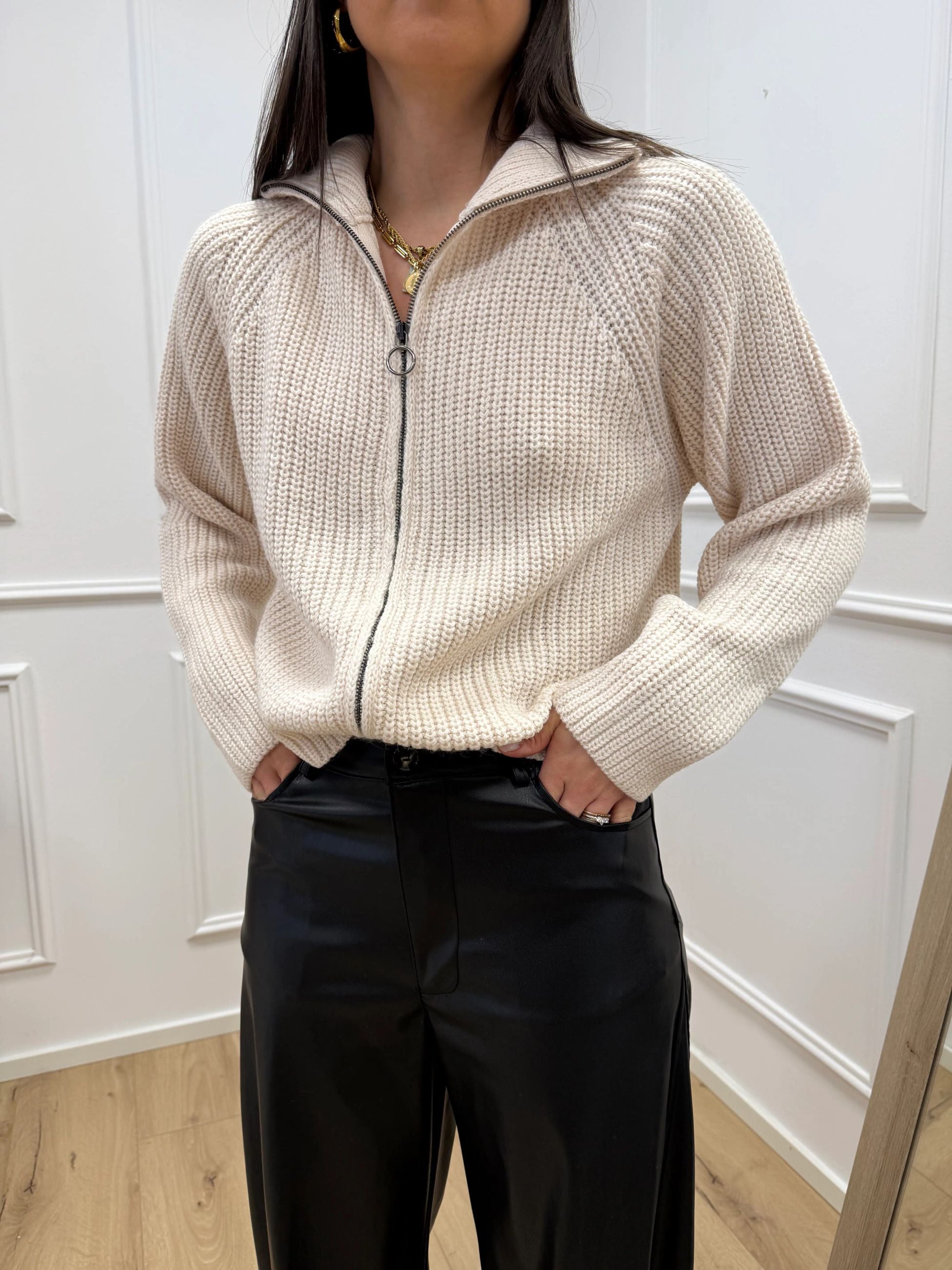 Maglia zip panna a costa inglese - HaveOne