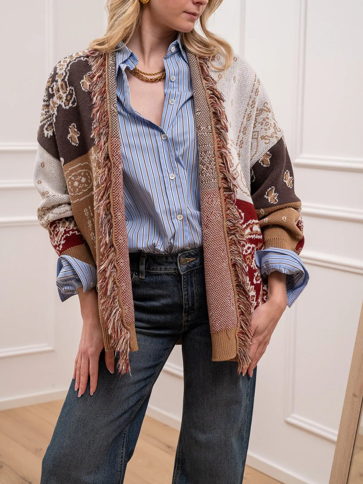Cardigan etnico sangria, camel e moro sfrangiato - Kontatto