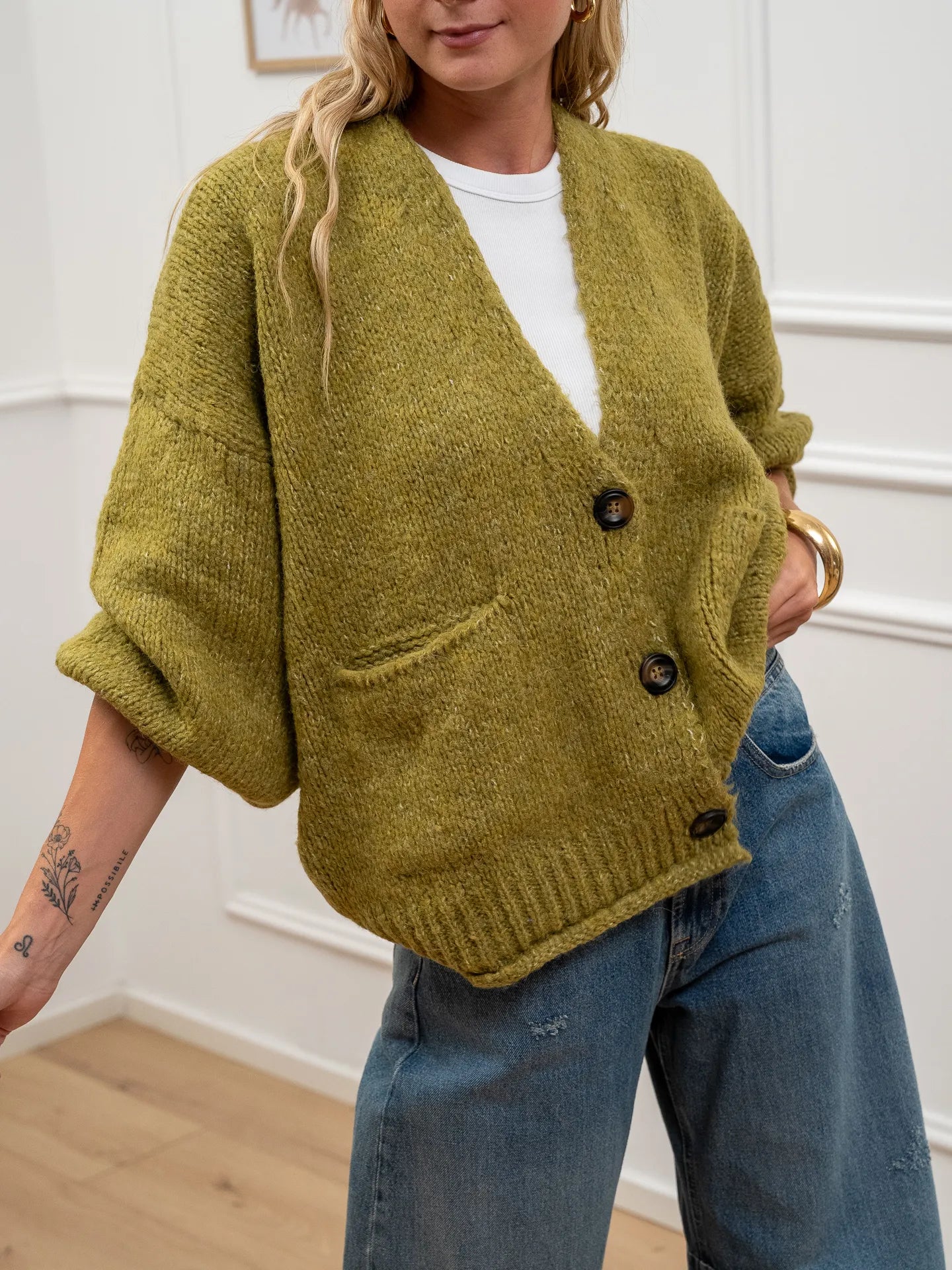 Cardigan olio a tre bottoni con taschine - HaveOne