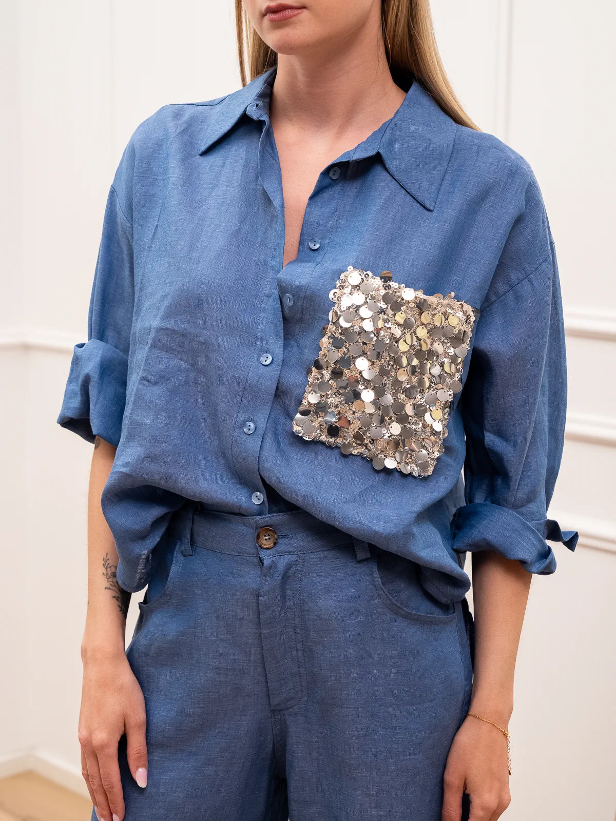 Camicia Dreamer indaco in lino tasca paillettes - Tensione In